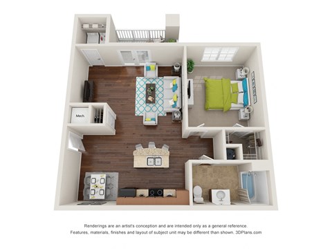 Floor plan for 1 bed, 1 bath, 886 sqft